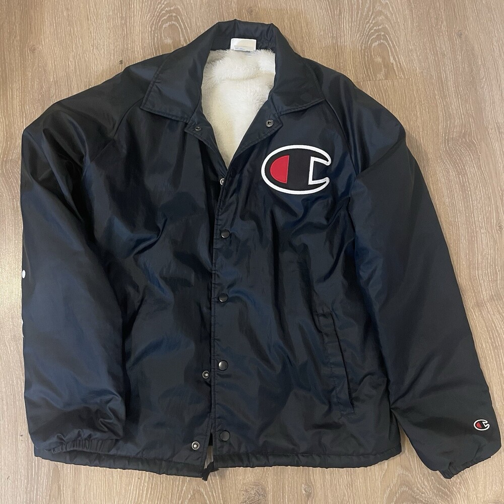Mens Black Champion Coaches Sherpa Lined Jacket Size Medium.
